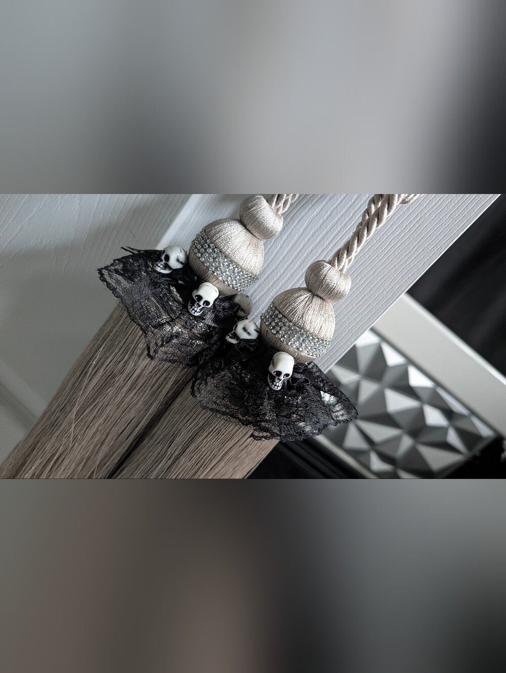 Large Gothic Skull & Lace Curtain Rope Pulls x2